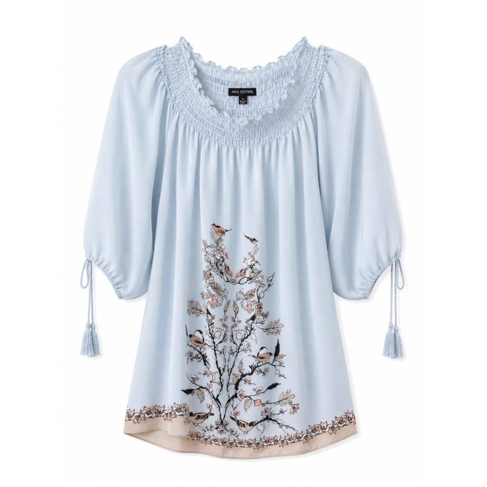 Max Edition Womens Peasant Blouse Light Blue Bird Print Smocked Neck M